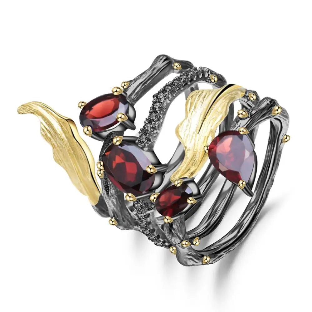 925 Sterling Silver 2.26Ct Amethyst Garnet Agate Diopside Ring, Certified Neo-Gothic Handmade, Spiritual Fine Jewelry