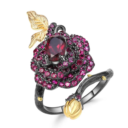 GEM'S BALLET 1.00Ct Natural Rhodolite Garnet Rose Flower Ring 925 Sterling Silver Handmade Adjustable Open Ring for Women Bijoux
