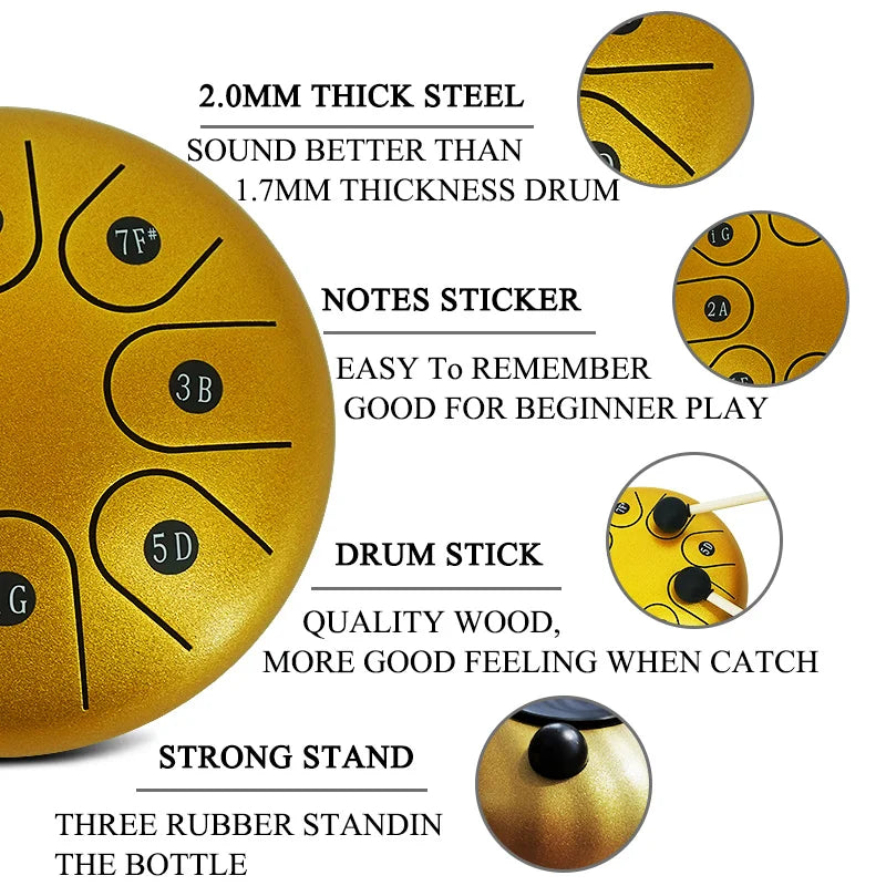 6-Inch Golden Steel Tongue Drum with 8 Tunes – Portable Hand Pan Drum for Meditation and Music Therapy
