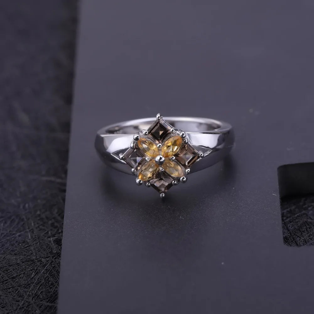 925 Sterling Silver Smoky Quartz Citrine Flower Ring