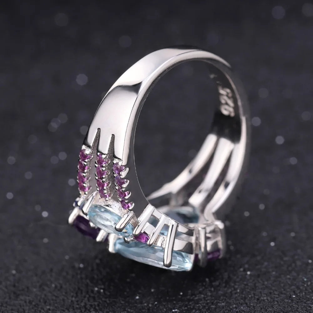 925 Sterling Silver 5.65Ct Sky Blue Topaz Amethyst Crystal Ring