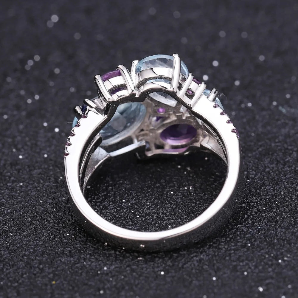 925 Sterling Silver 5.65Ct Sky Blue Topaz Amethyst Crystal Ring