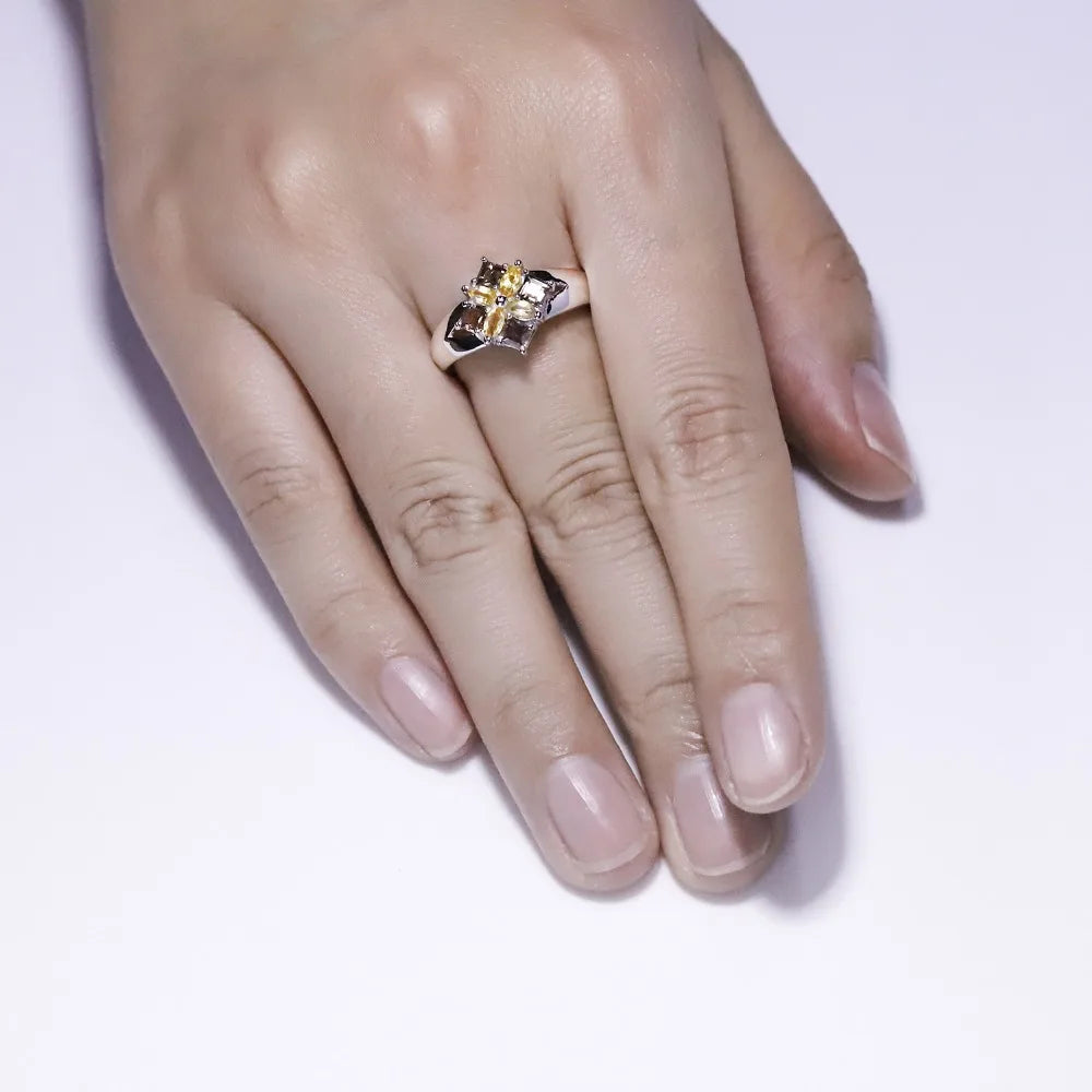 925 Sterling Silver Smoky Quartz Citrine Flower Ring