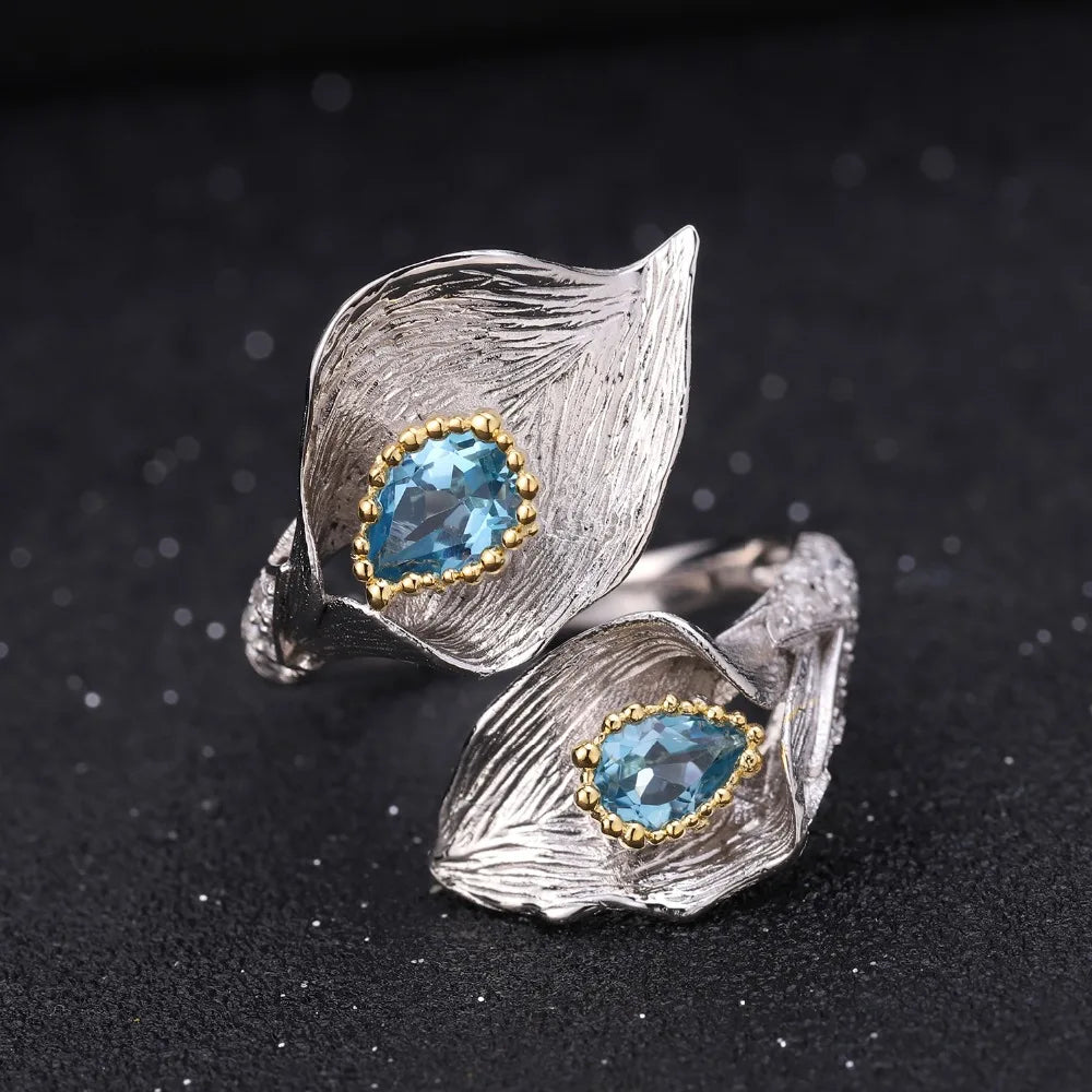 925 Sterling Silver 1.33Ct Swiss Blue Topaz Calla Lily Ring
