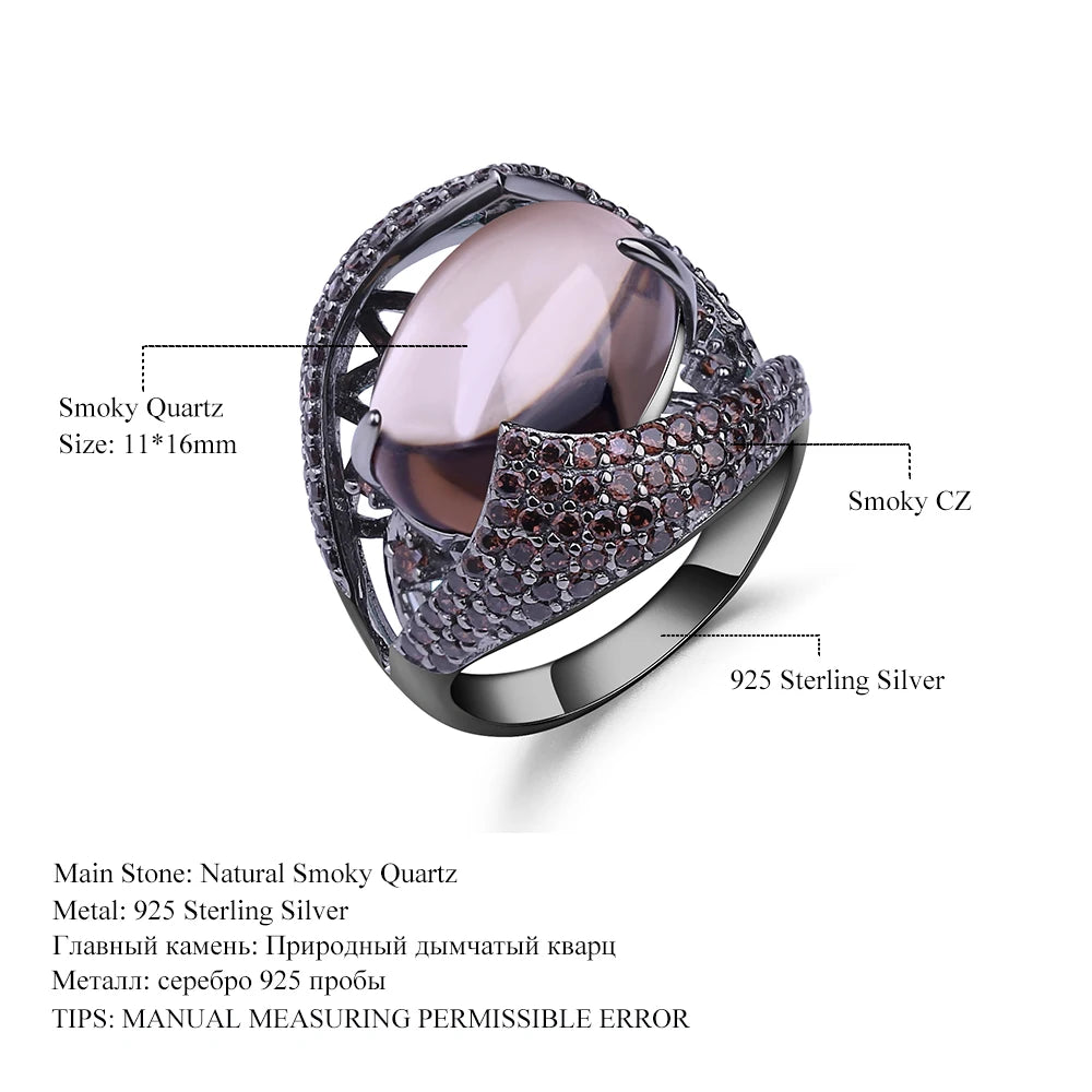 925 Sterling Silver 11x16mm Smoky Quartz Crystal Ring