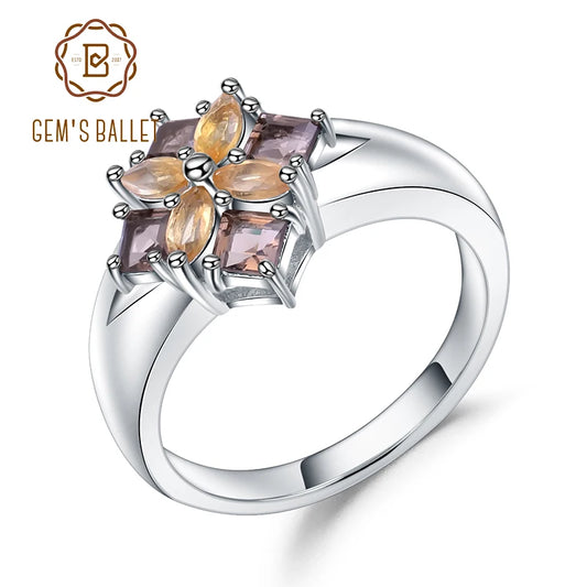 Gem's Ballet Multicolor Natural Smoky Quartz Citrine Cocktail Ring 925 Sterling Silver Flower Rings For Women Fine Jewelry