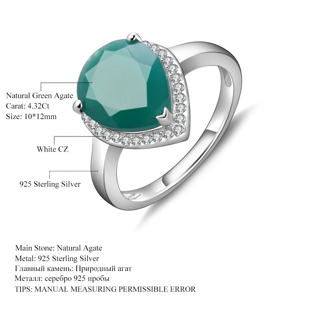 925 Sterling Silver 4.32Ct Green Agate Water Drop Ring – Certified Harmony