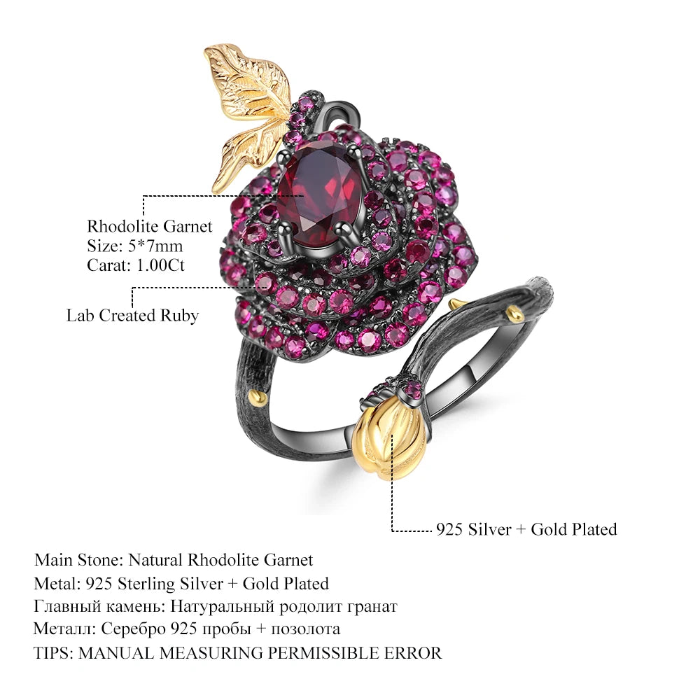 925 Sterling Silver 1.00Ct Rhodolite Garnet Rose Flower Ring