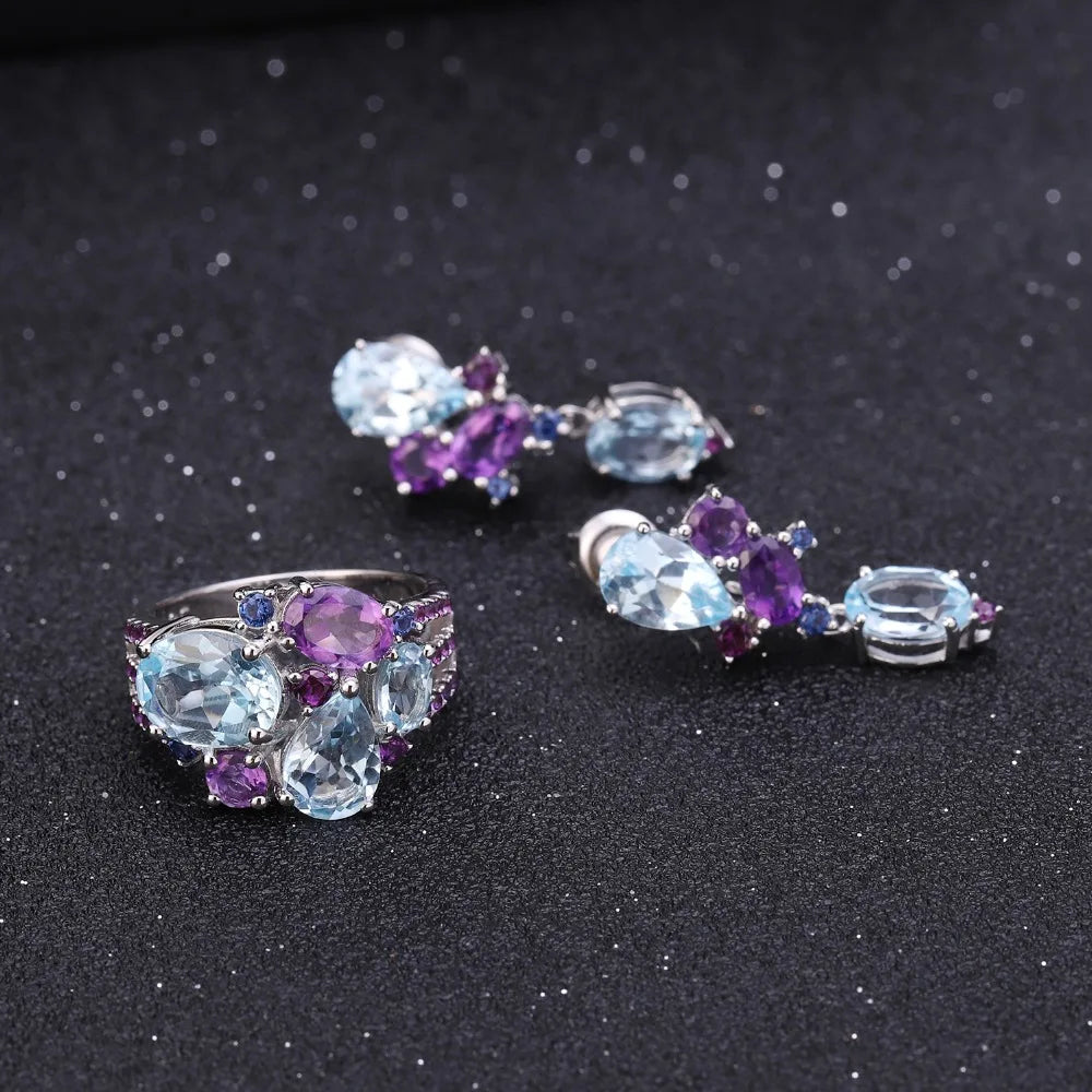 925 Sterling Silver 5.65Ct Sky Blue Topaz Amethyst Crystal Ring