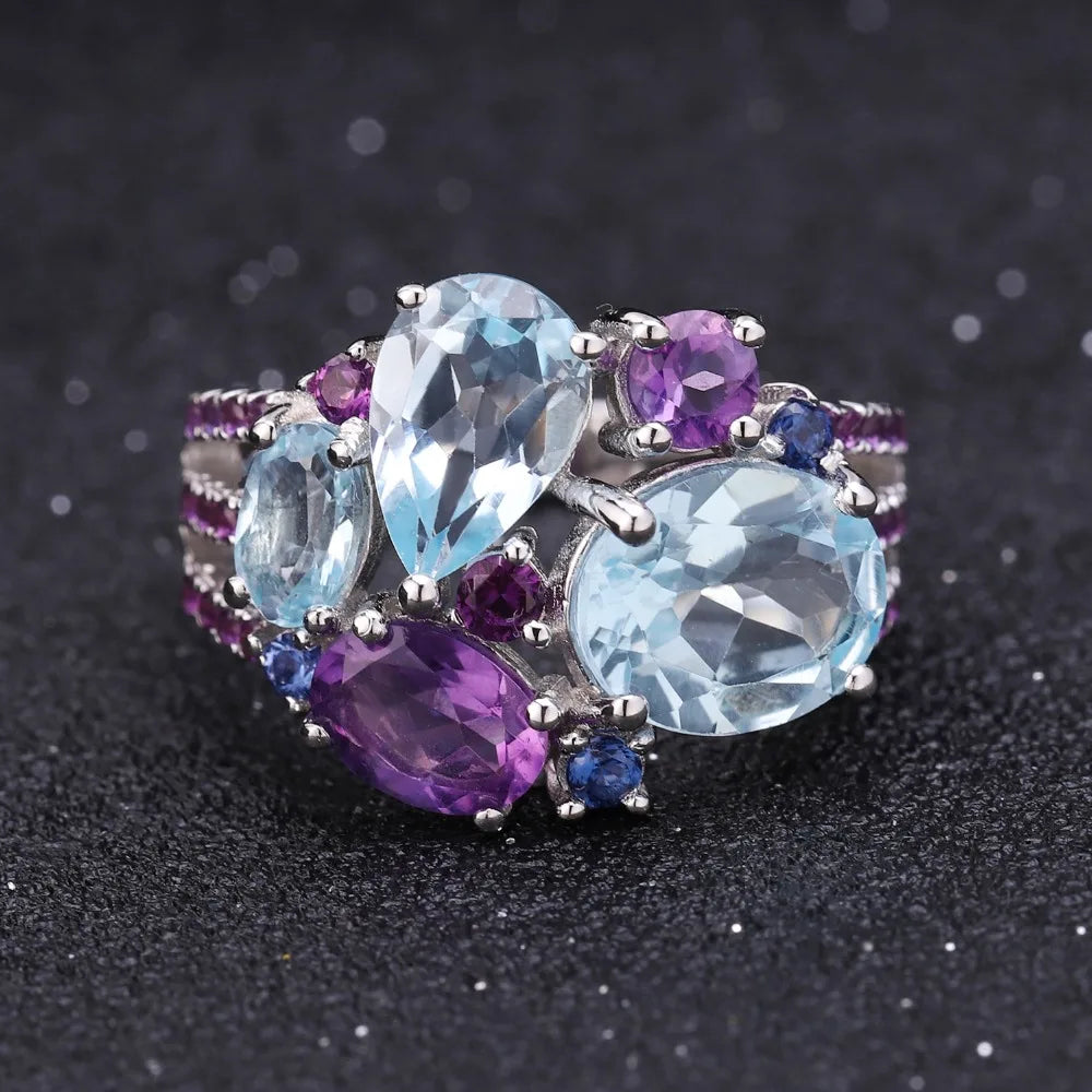 925 Sterling Silver 5.65Ct Sky Blue Topaz Amethyst Crystal Ring
