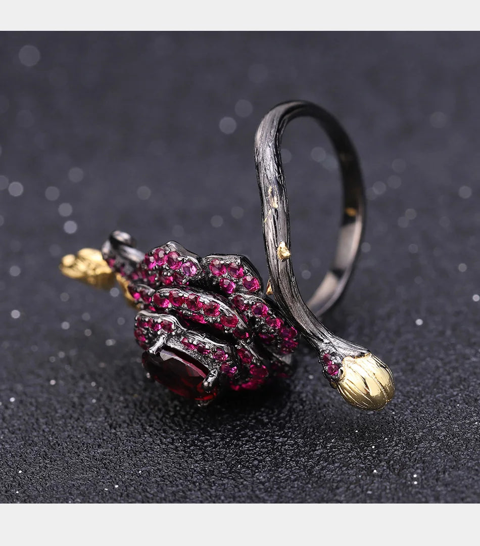 925 Sterling Silver 1.00Ct Rhodolite Garnet Rose Flower Ring