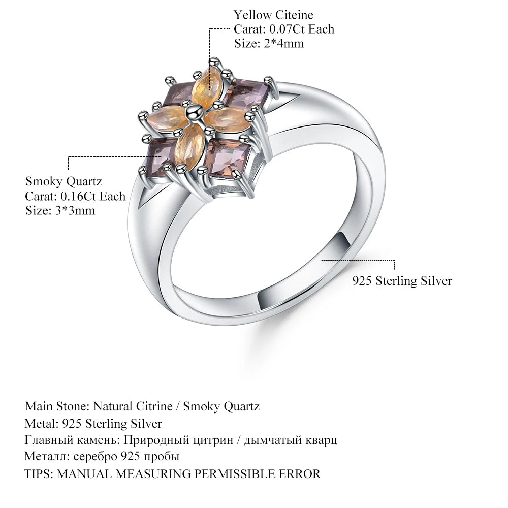925 Sterling Silver Smoky Quartz Citrine Flower Ring