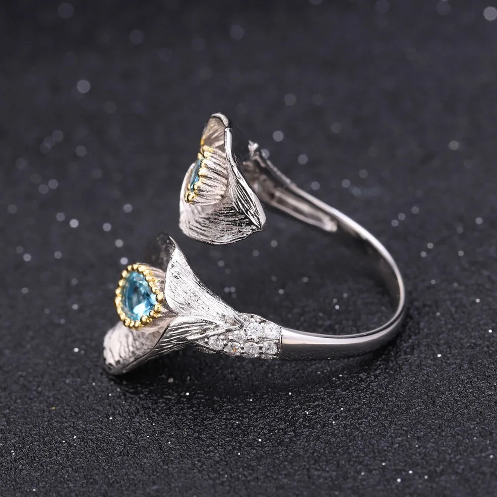 925 Sterling Silver 1.33Ct Swiss Blue Topaz Calla Lily Ring