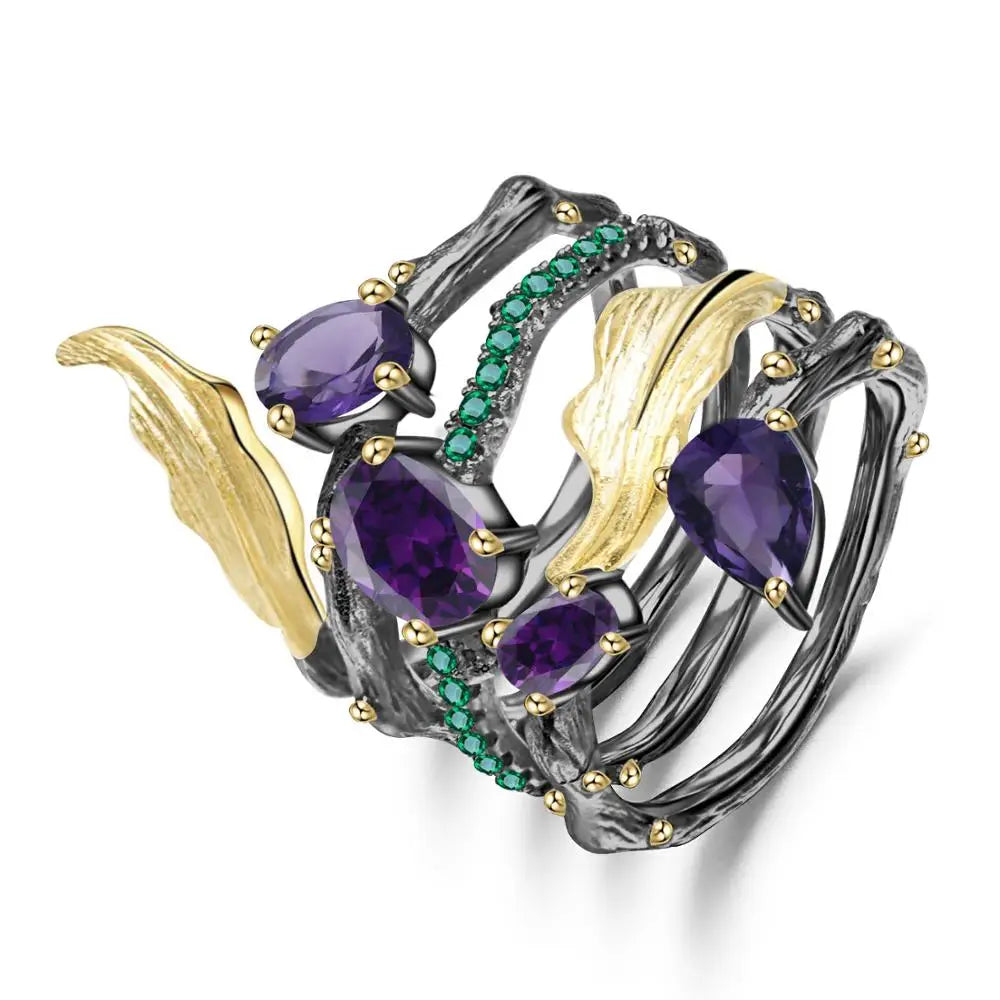925 Sterling Silver 2.26Ct Amethyst Garnet Agate Diopside Ring, Certified Neo-Gothic Handmade, Spiritual Fine Jewelry