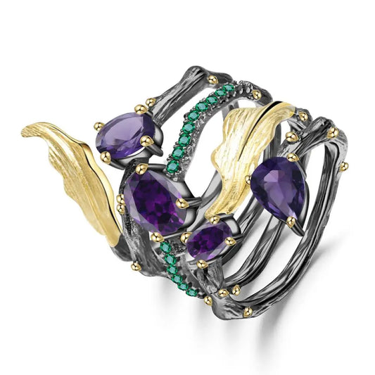 925 Sterling Silver 2.26Ct Amethyst Garnet Agate Diopside Ring, Certified Neo-Gothic Handmade, Spiritual Fine Jewelry