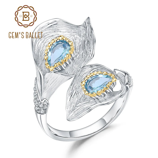 GEM'S BALLET 1.25C Natural Swiss Blue Topaz Calla lily Leaf Rings 925 Sterling Silver Handmade Adjustable Ring for Women Bijoux