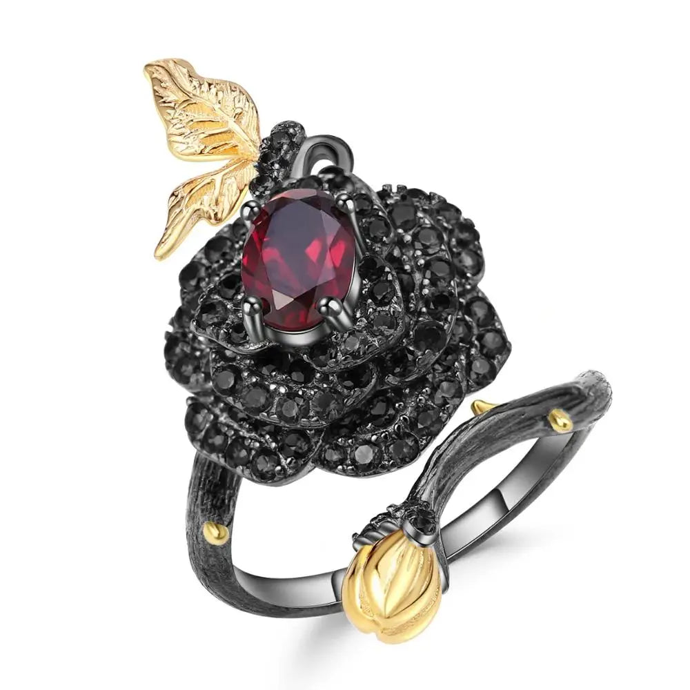 925 Sterling Silver 1.00Ct Rhodolite Garnet Rose Flower Ring
