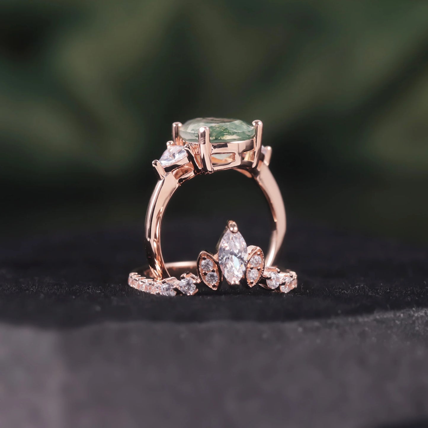 925 Sterling Silver Moss Agate Engagement Ring Set