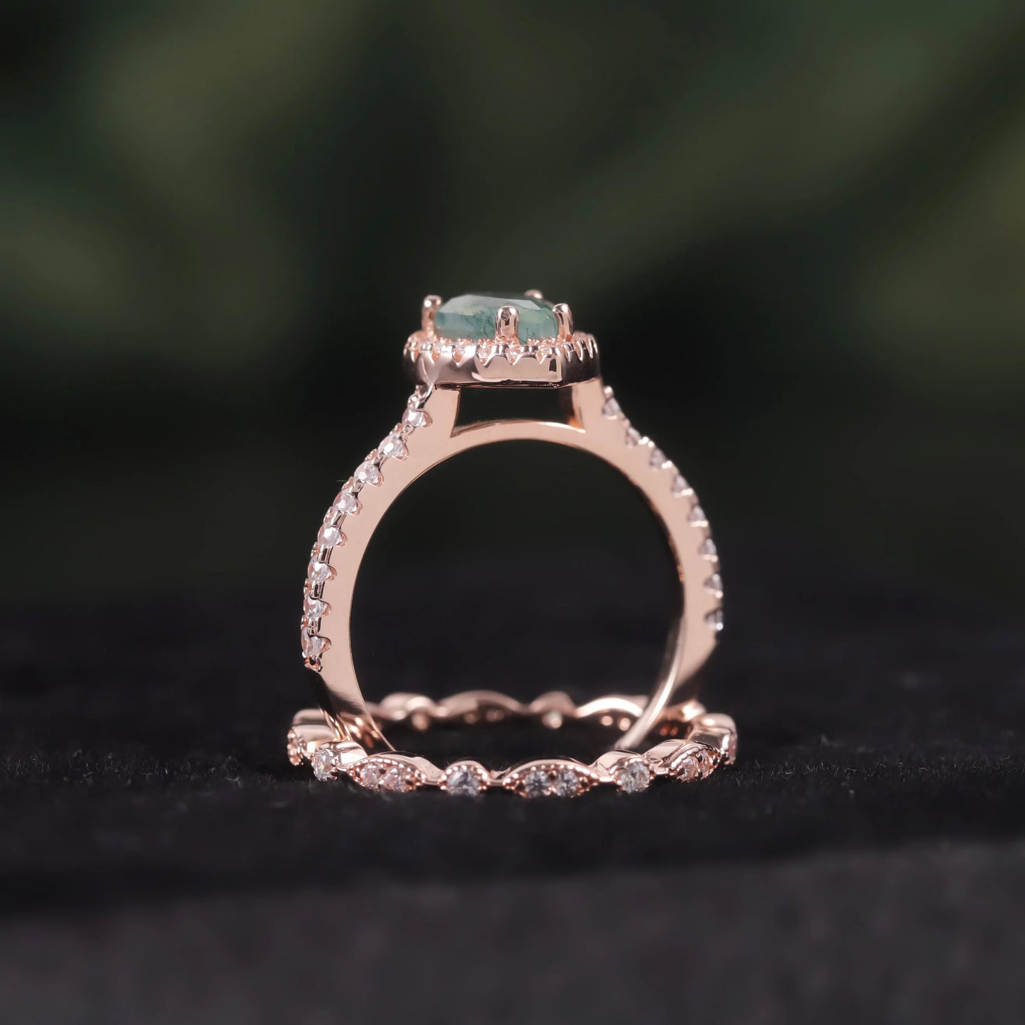 925 Sterling Silver Moss Agate Engagement Ring Set