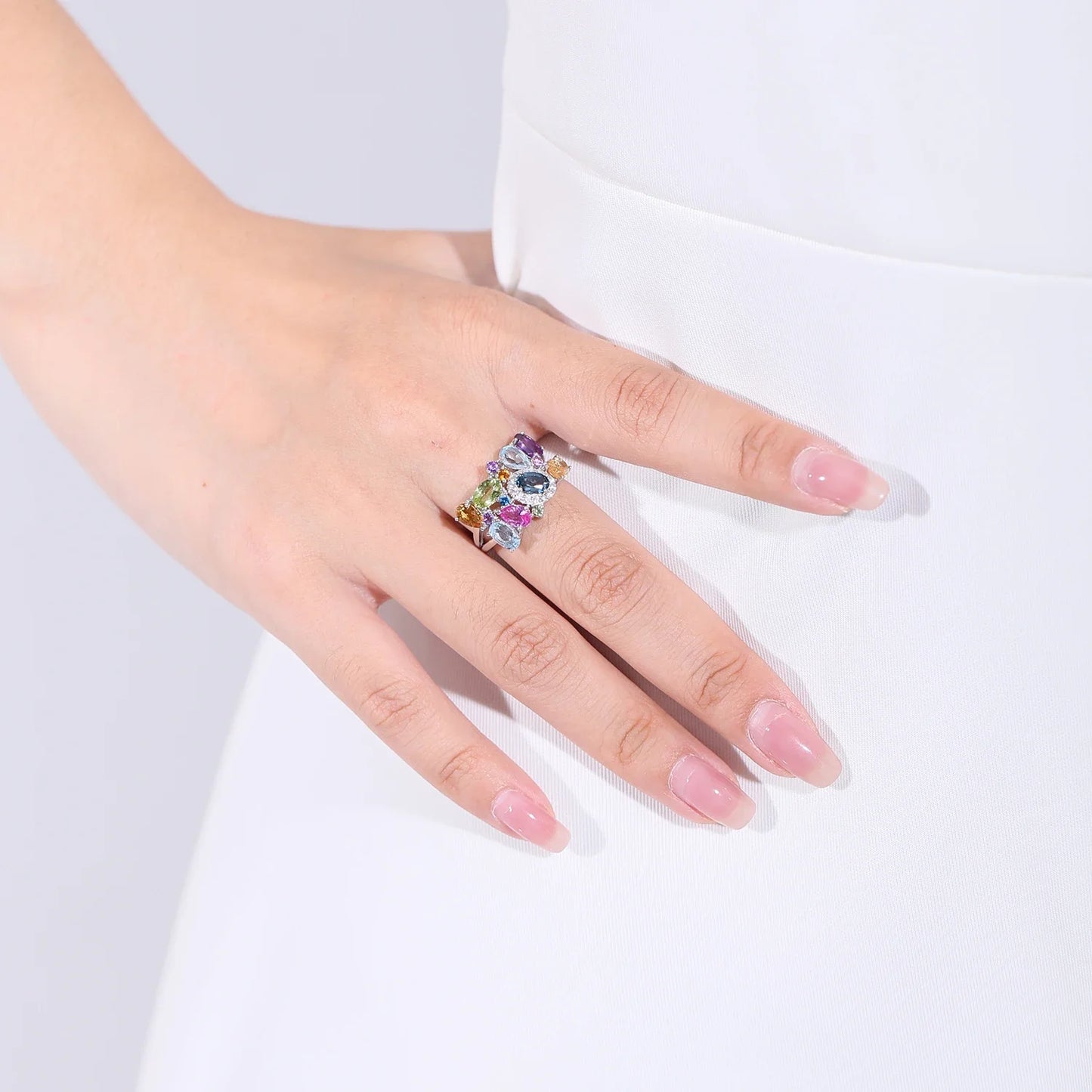 925 Sterling Silver Multicolor Gemstone Adjustable Ring