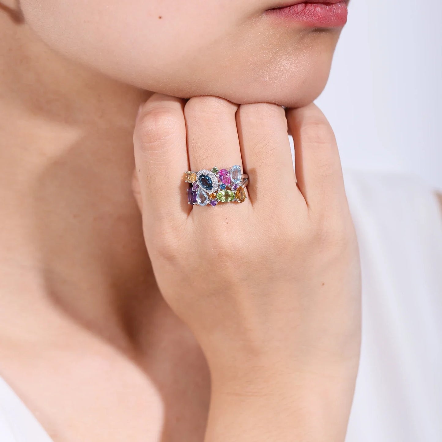 925 Sterling Silver Multicolor Gemstone Adjustable Ring