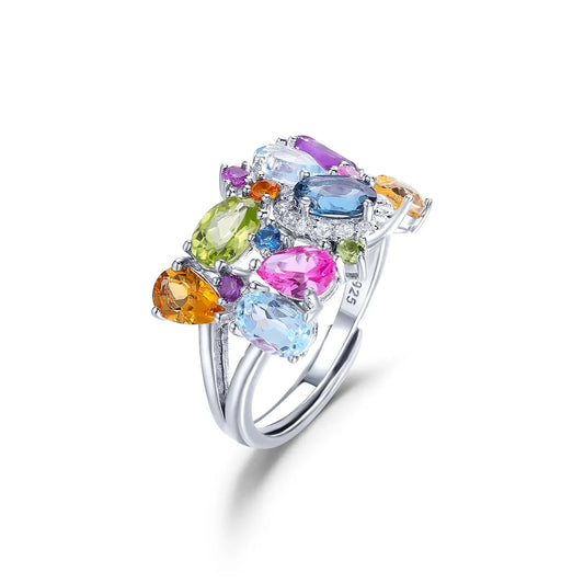 925 Sterling Silver Multicolor Gemstone Adjustable Ring