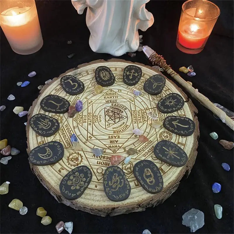 Witches Rune Stones Set – 13+1 Wooden Elder Futhark Runes with Bag & Guide