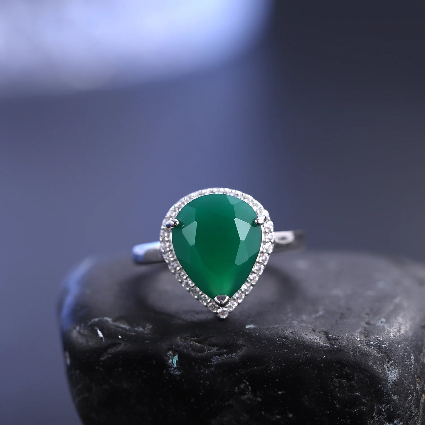 925 Sterling Silver 4.32Ct Green Agate Water Drop Ring – Certified Harmony