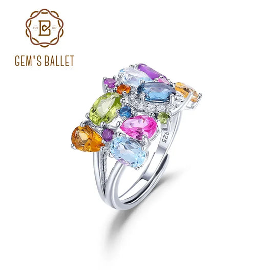 GEM'S BALLET Unique Jewelry Multicolor Natural Citrine Amethyst Peridot Topaz Ring 925 Sterling Silver Handmade Adjustable Ring