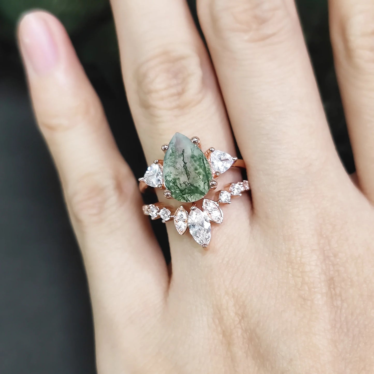 925 Sterling Silver Moss Agate Engagement Ring Set