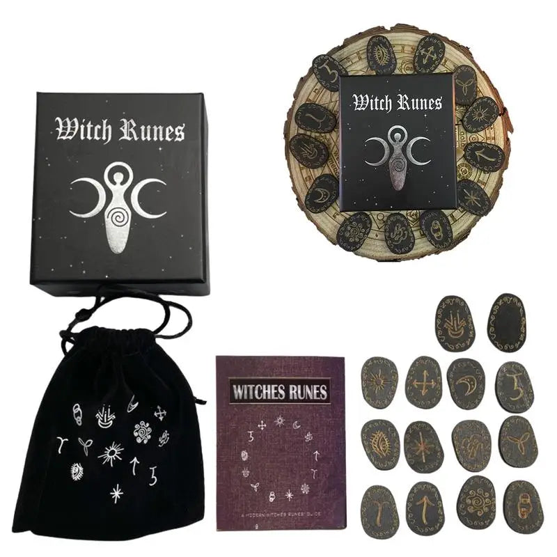 Witches Rune Stones Set – 13+1 Wooden Elder Futhark Runes with Bag & Guide