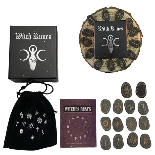 Witches Rune Stones Set – 13+1 Wooden Elder Futhark Runes with Bag & Guide