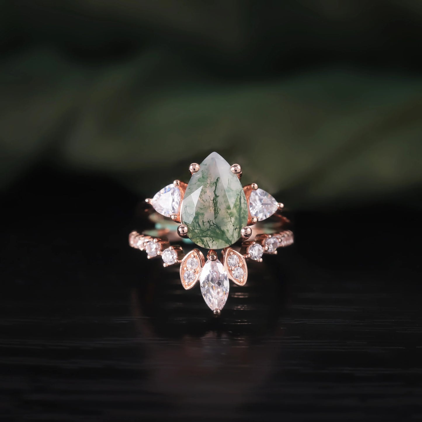 925 Sterling Silver Moss Agate Engagement Ring Set