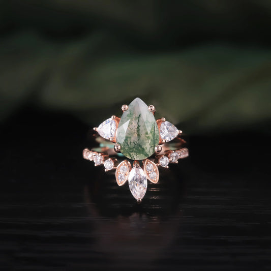GEM'S BALLLET Unique Natural Moss Agate Engagement Ring Set  Vintage Cluster Wedding Ring 2pcs Green Moss Agate Bridal Ring