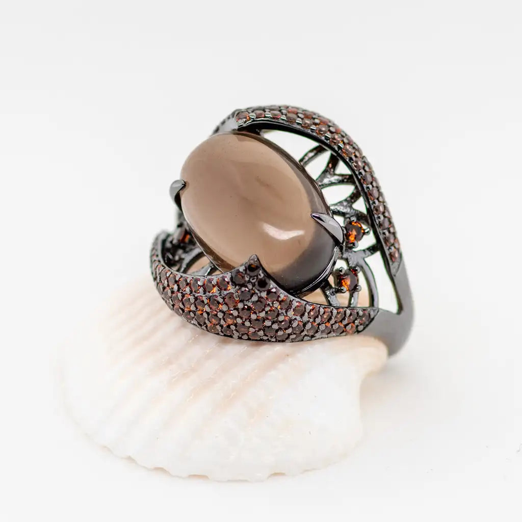 925 Sterling Silver 11x16mm Smoky Quartz Crystal Ring