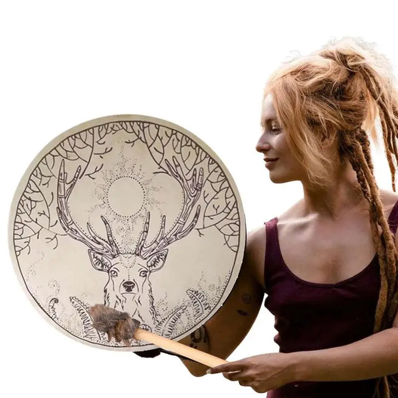 Shamanic Deer Tree-themed Siberian Drum – Handmade Sound Healing Totem