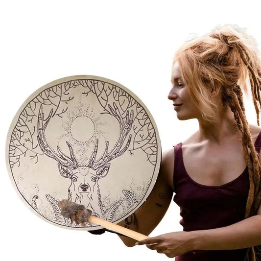 Shamanic Deer Tree-themed Siberian Drum – Handmade Sound Healing Totem