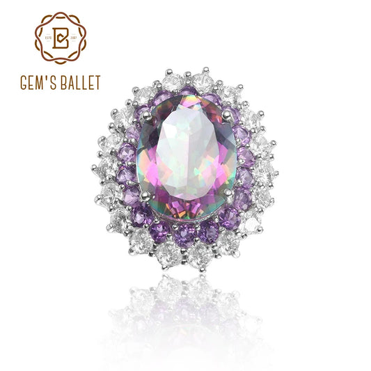 GEM'S BALLET November Birthstone Ring 9.10Ct 12x16mm Oval MYSTIC FIRE TOPAZ Gemstone Sterling Silver Ladies Ring -Handmade