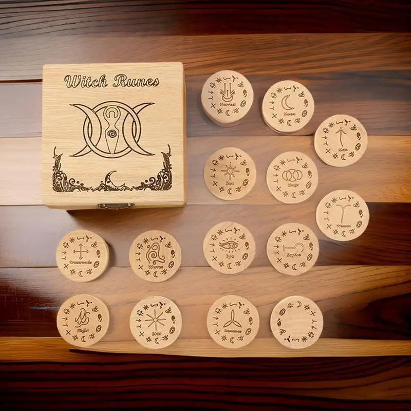 13-Piece Witches Runes Set – Wooden Divination Tool for Spiritual Growth