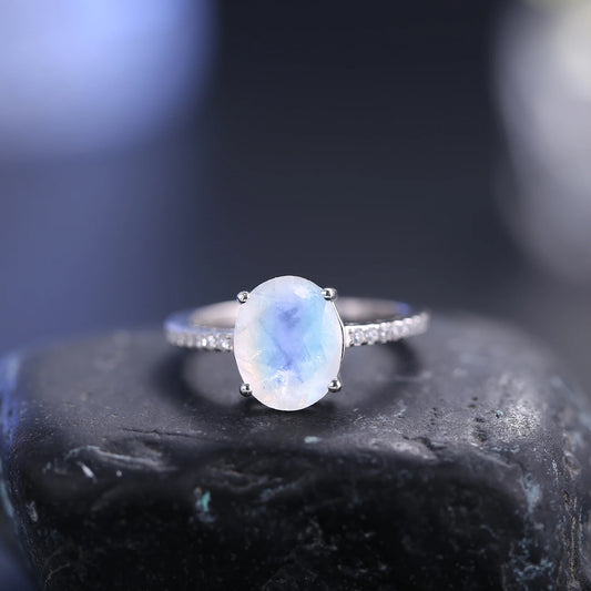 GEM'S BALLET 8X10mm Vintage Milky Blue Moonstone Engagement Ring Promise Bridal Ring in 925 Sterling Silver Gift For Her