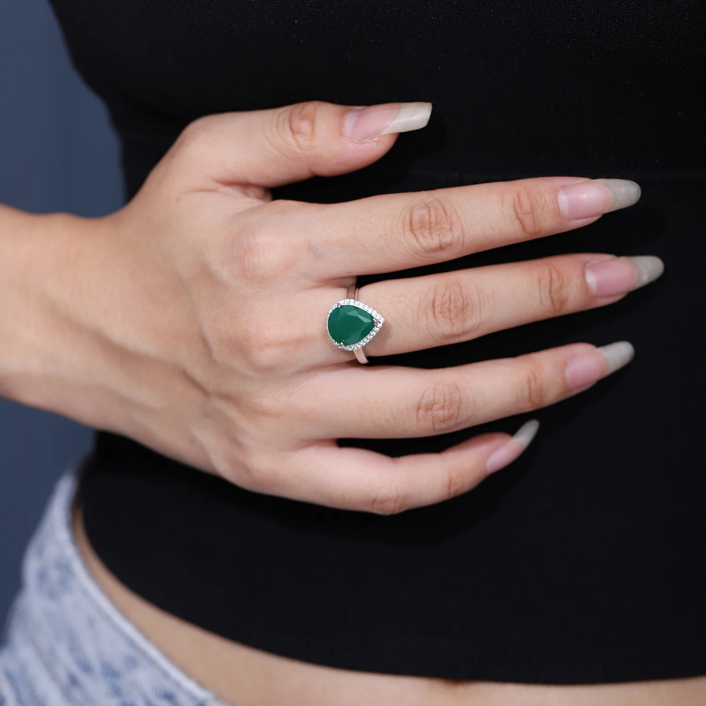 925 Sterling Silver 4.32Ct Green Agate Water Drop Ring – Certified Harmony