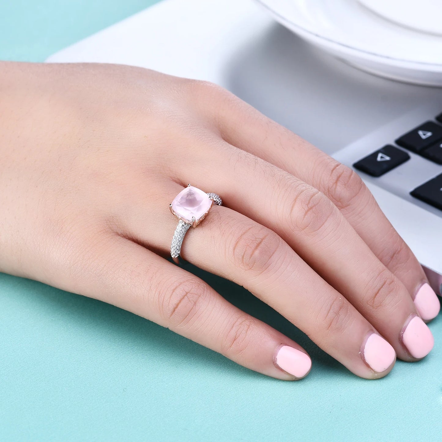 925 Sterling Silver Natural Rose Quartz Gemstone Ring