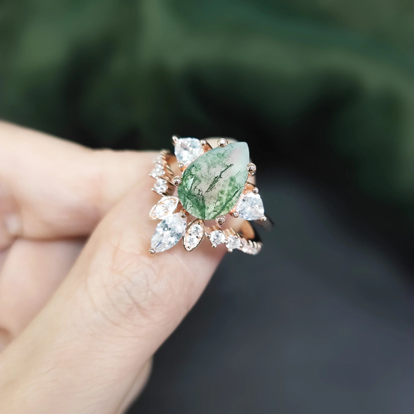 925 Sterling Silver Moss Agate Engagement Ring Set