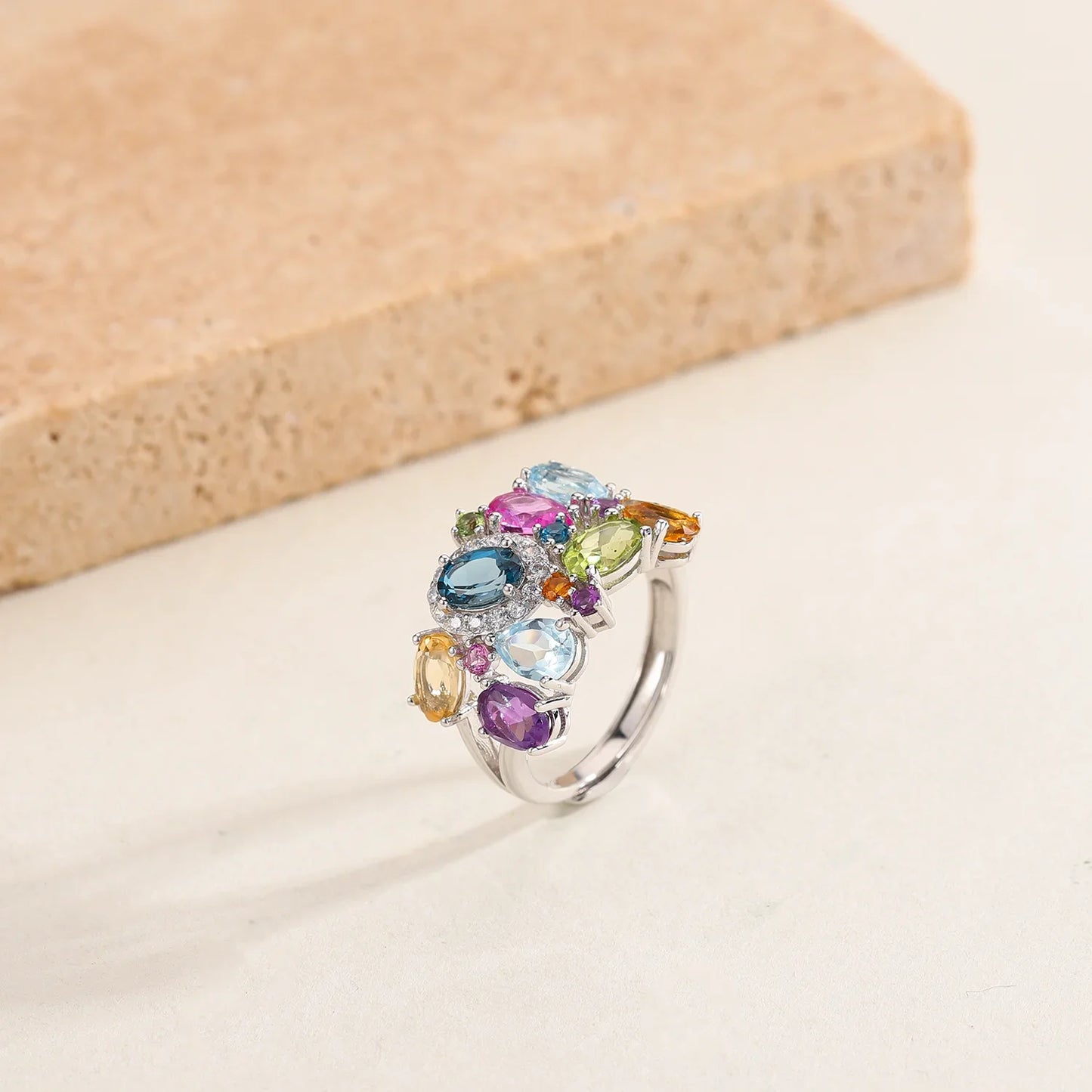 925 Sterling Silver Multicolor Gemstone Adjustable Ring