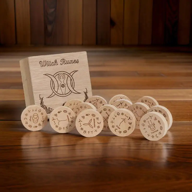 13-Piece Witches Runes Set – Wooden Divination Tool for Spiritual Growth