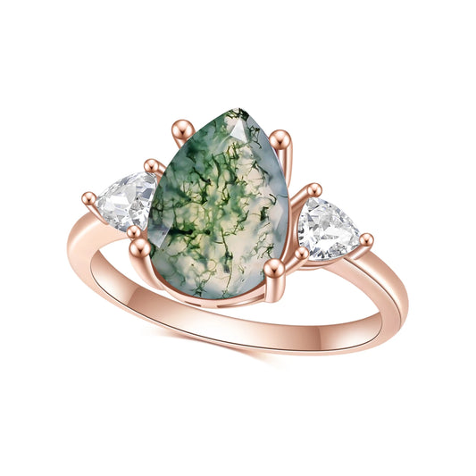 925 Sterling Silver Moss Agate Engagement Ring Set
