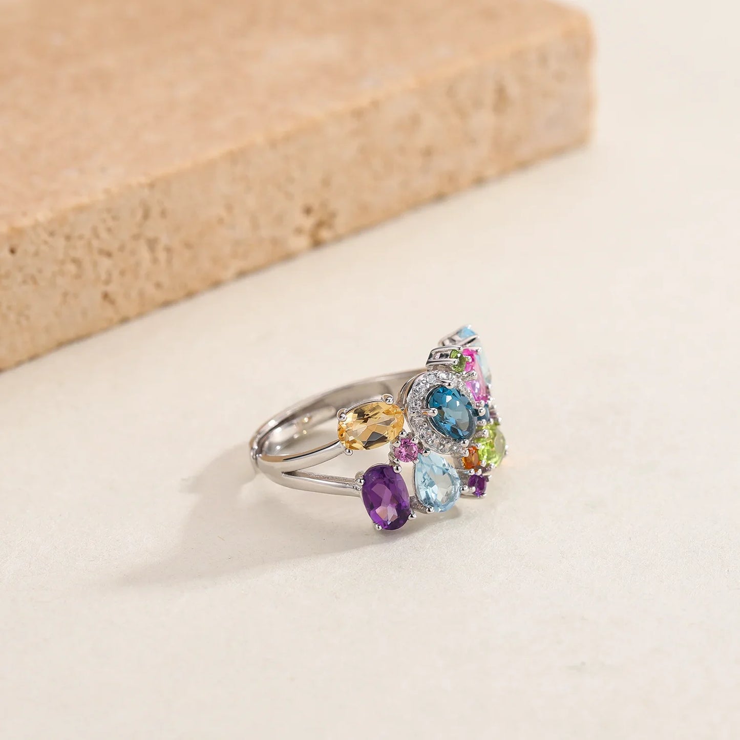 925 Sterling Silver Multicolor Gemstone Adjustable Ring