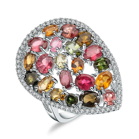 925 Sterling Silver 5.21Ct Tourmaline Topaz Diopside Ring, Certified Water Drop, Spiritual Fine Jewelry Gift