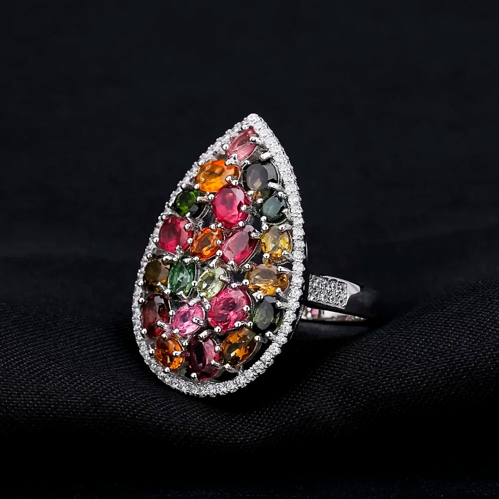 925 Sterling Silver 5.21Ct Tourmaline Topaz Diopside Ring, Certified Water Drop, Spiritual Fine Jewelry Gift
