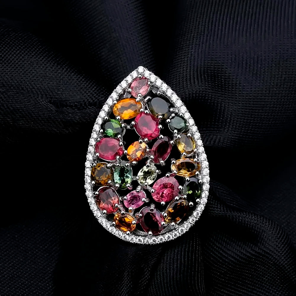 925 Sterling Silver 5.21Ct Tourmaline Topaz Diopside Ring, Certified Water Drop, Spiritual Fine Jewelry Gift
